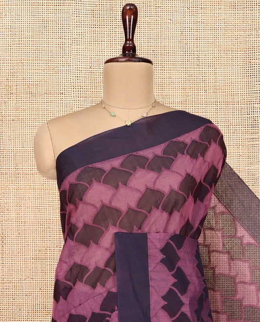 Pink Coimbatore Cotton Saree, Bedecked with Scallop Design on Its Body, a Contrast Plain Border, Pallu of Floral Creeper, and Stripes, and Paired with Contrast Blouse