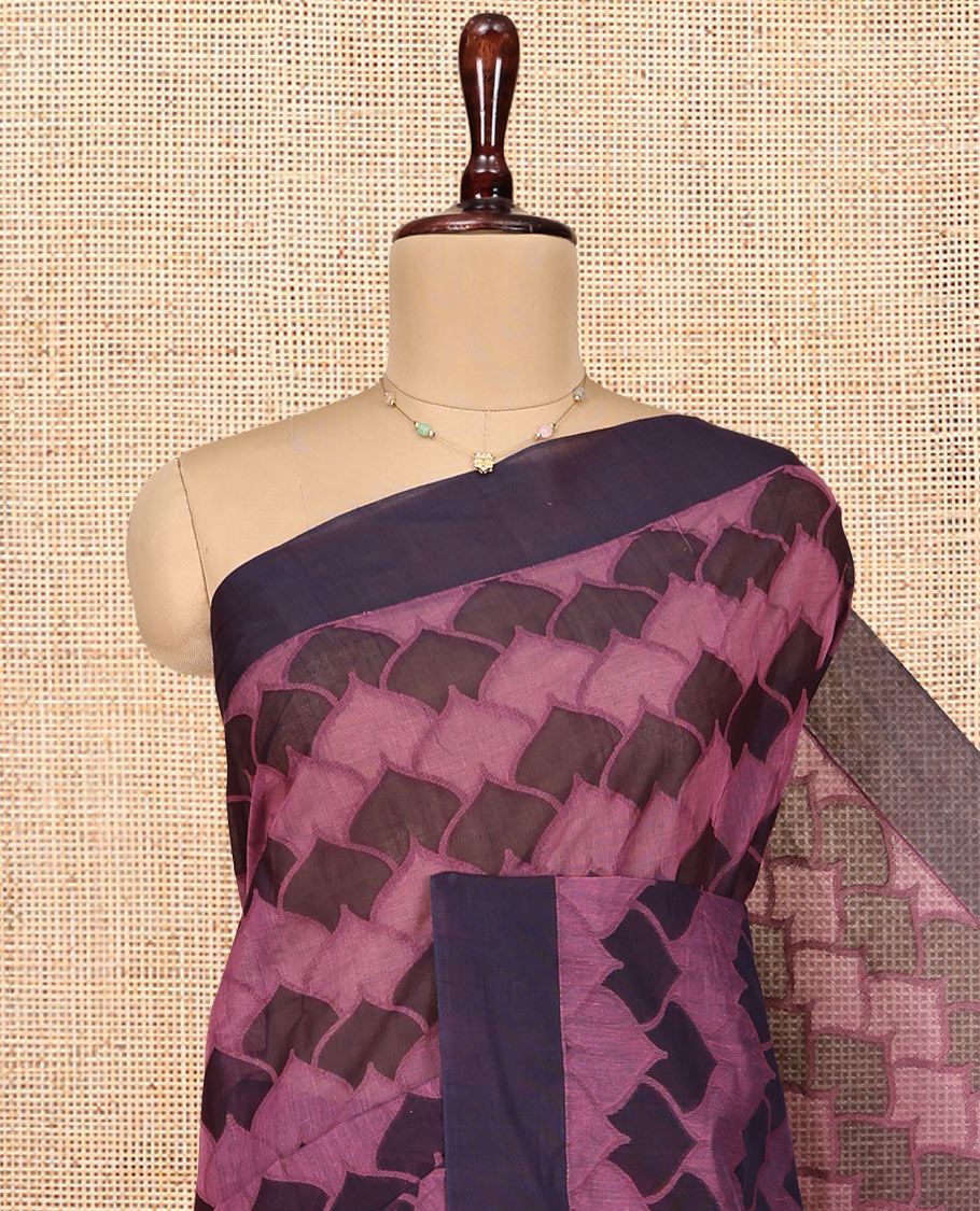 Pink Coimbatore Cotton Saree, Bedecked with Scallop Design on Its Body, a Contrast Plain Border, Pallu of Floral Creeper, and Stripes, and Paired with Contrast Blouse