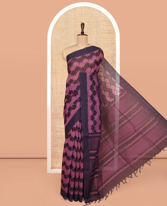 Pink Coimbatore Cotton Saree, Bedecked with Scallop Design on Its Body, a Contrast Plain Border, Pallu of Floral Creeper, and Stripes, and Paired with Contrast Blouse