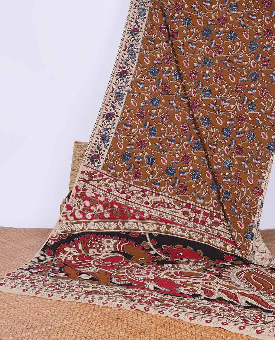 Brown floral vine machine printed kalamkari cotton saree with contrast intricate design border & animal design pallu