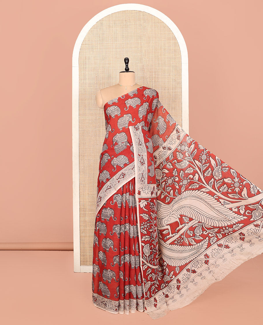 Borderless Red Kalamkari Cotton Saree, Spotlighted with Elephant Motifs Print, Self-Pallu of Peacock Motifs, and a Matching Blouse