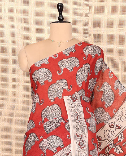 Borderless Red Kalamkari Cotton Saree, Spotlighted with Elephant Motifs Print, Self-Pallu of Peacock Motifs, and a Matching Blouse