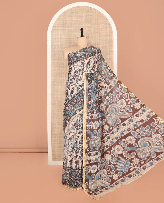 Sandal-Brown Machine-Printed Kalamkari Cotton Saree, Detailed with Bird-Floral Motifs, Contrast Bird Motifs Printed Border, Pallu of Bird Motifs, and a Matching Blouse