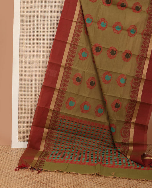 Green kanchi cotton saree with paisley buttas, contrast manga creeper border & multi-color checked pallu