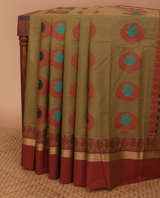 Green kanchi cotton saree with paisley buttas, contrast manga creeper border & multi-color checked pallu