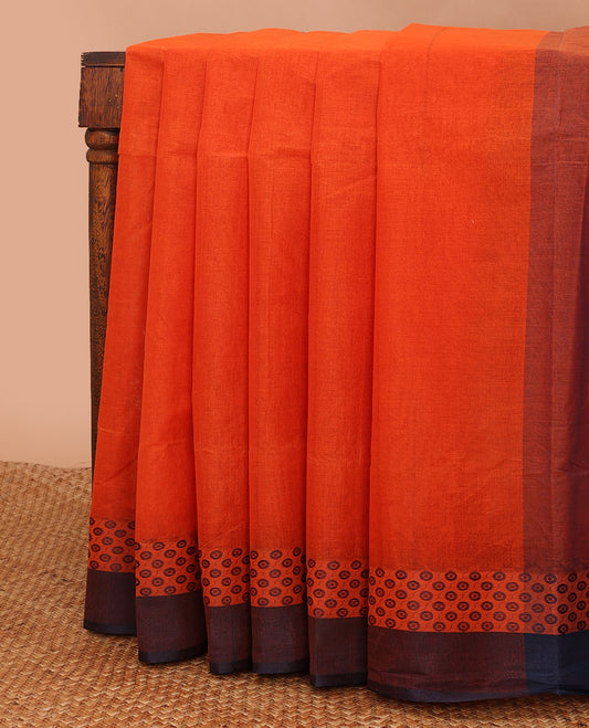 Orange plain Bengal cotton saree, contrast border of circle motifs & pallu of stripes