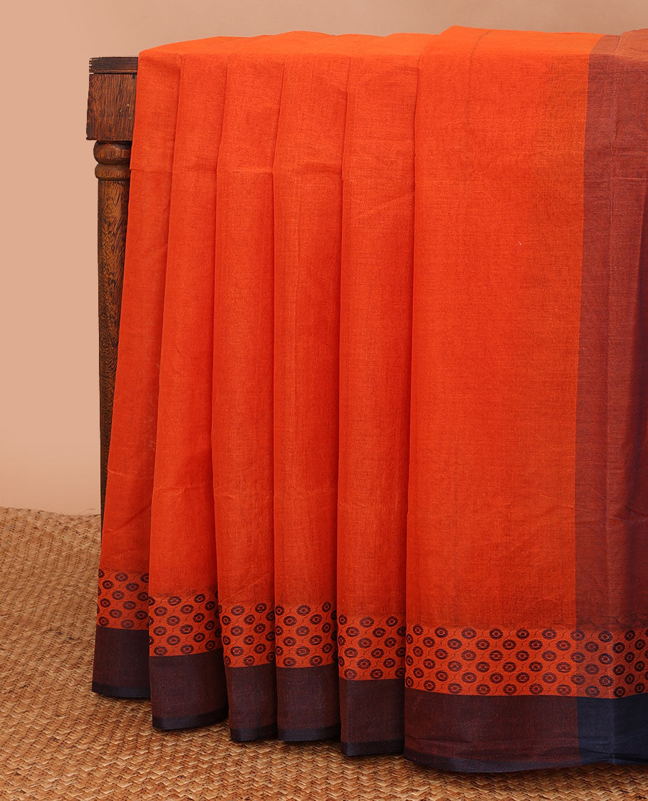Orange plain Bengal cotton saree, contrast border of circle motifs & pallu of stripes