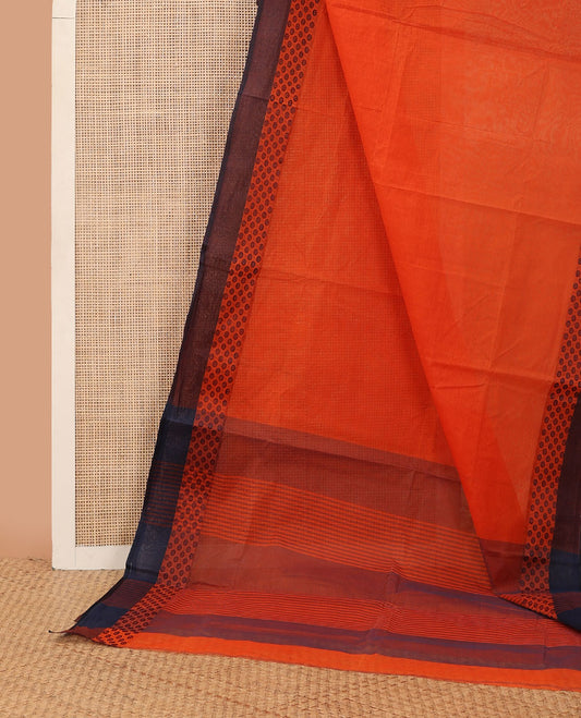 Orange plain Bengal cotton saree, contrast border of circle motifs & pallu of stripes