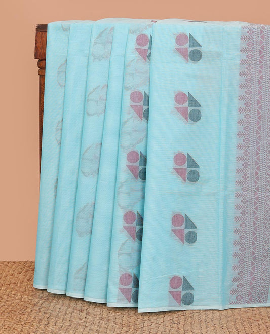 Borderless blue buttas Kanchi cotton saree, self-pallu of geometric patterns