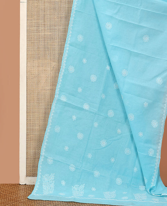 Sky blue floral thread embroidered buttas Lucknowi chikankari saree, thread embroidered border, and floral embroidered pallu