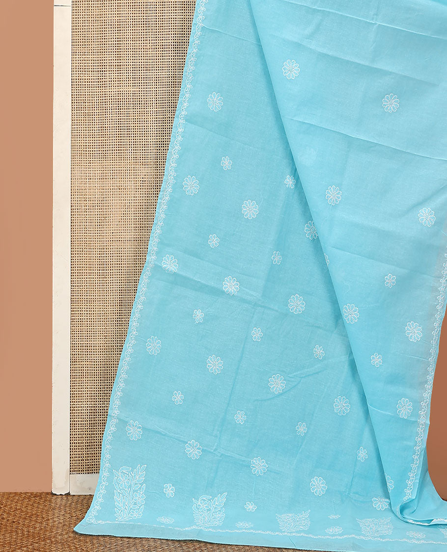 Sky blue floral thread embroidered buttas Lucknowi chikankari saree, thread embroidered border, and floral embroidered pallu