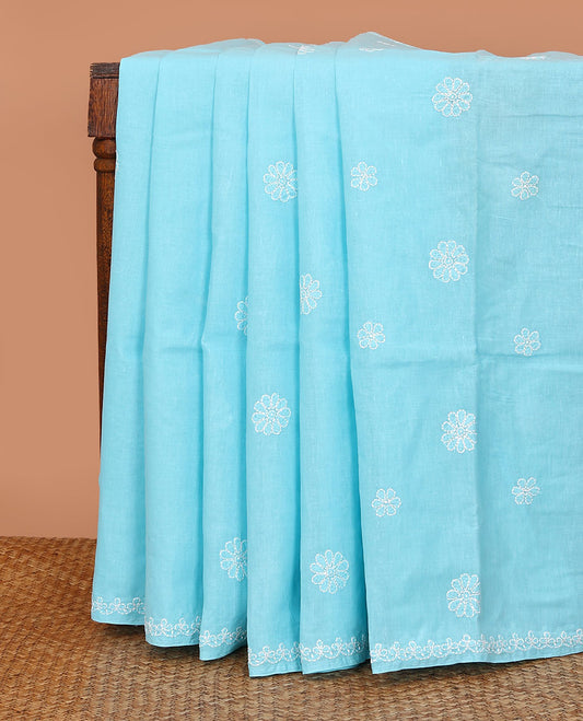 Sky blue floral thread embroidered buttas Lucknowi chikankari saree, thread embroidered border, and floral embroidered pallu