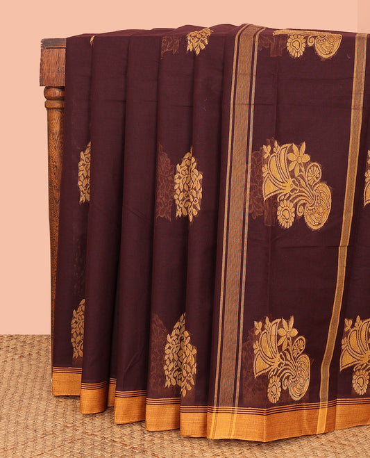 Brown Kanchi Cotton Saree, Beautifully Bedecked with Tree Buttas All Over Its Body, Complemented by Contrast Border, Pallu Depicts Flower Vase Designs, and Paired with a Matching Blouse