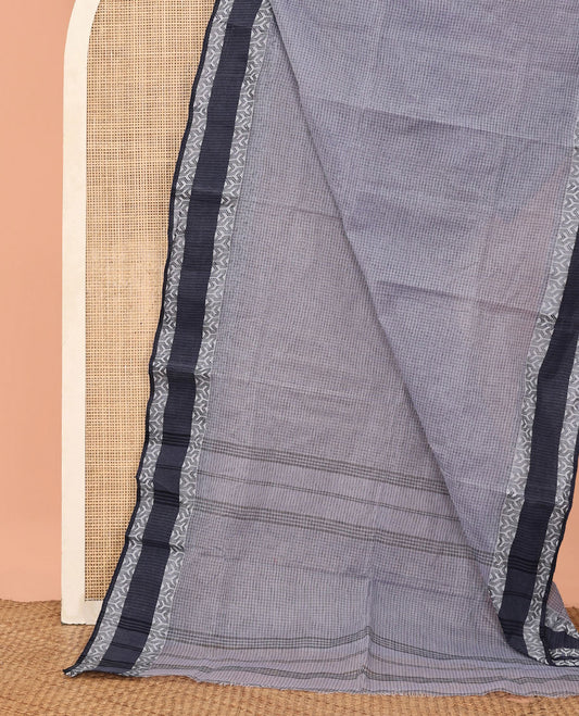 Grey Checked Bengal Cotton Saree, a Contrast Border, Self-Pallu, and No Blouse