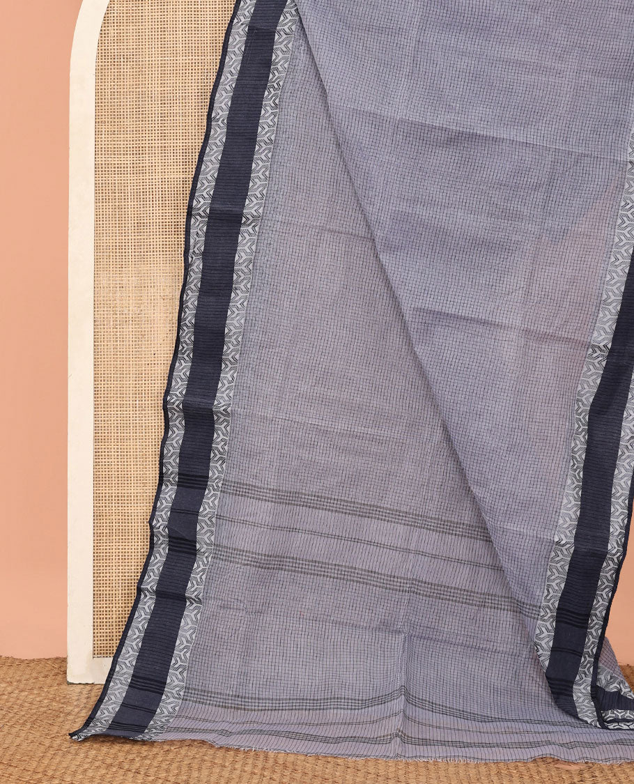 Grey Checked Bengal Cotton Saree, a Contrast Border, Self-Pallu, and No Blouse