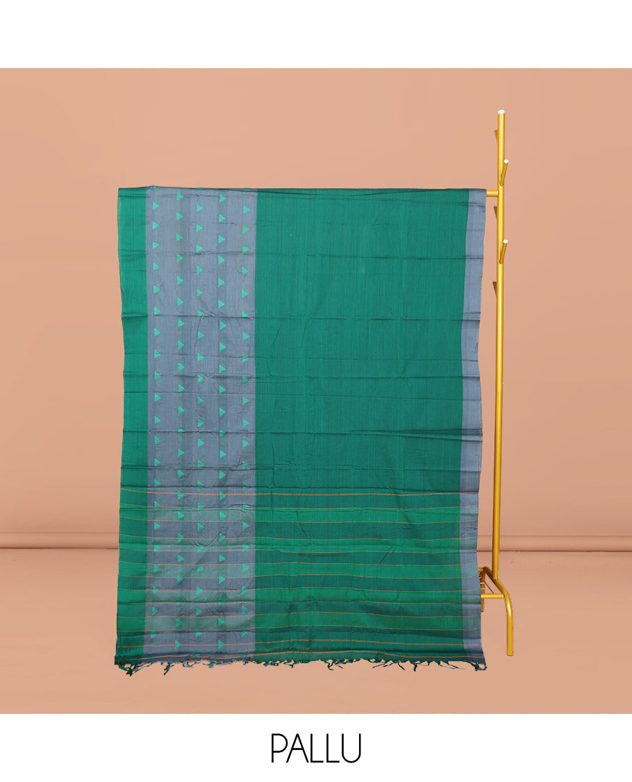 Green Plain Narayanpet Cotton Saree, Complemented by Contrast Temple Border, Striped Pallu, and Comes Without a Blouse
