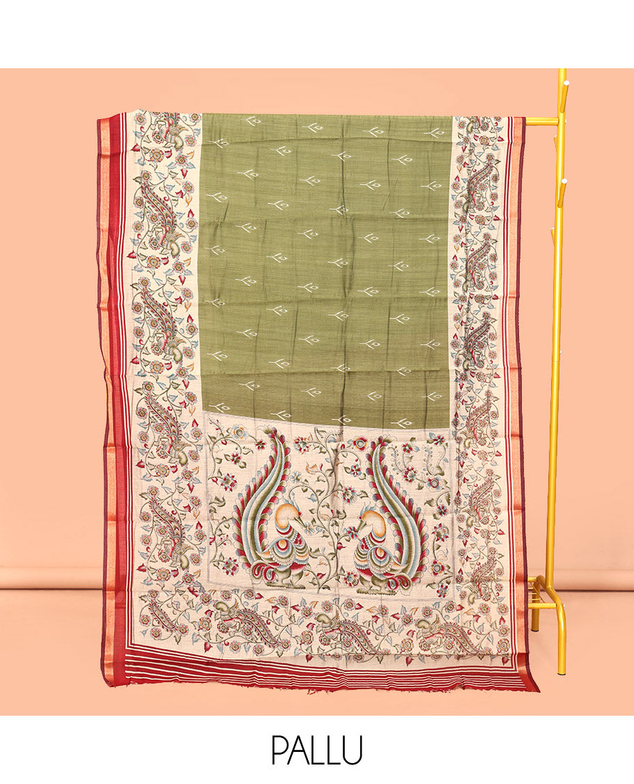 Green Mul Mul Cotton Saree, Enriched with Ikat Buttas, Contrast Kalamkari Floral-Peacock Border, Kalamkari Printed Pallu, and a Contrast Blouse