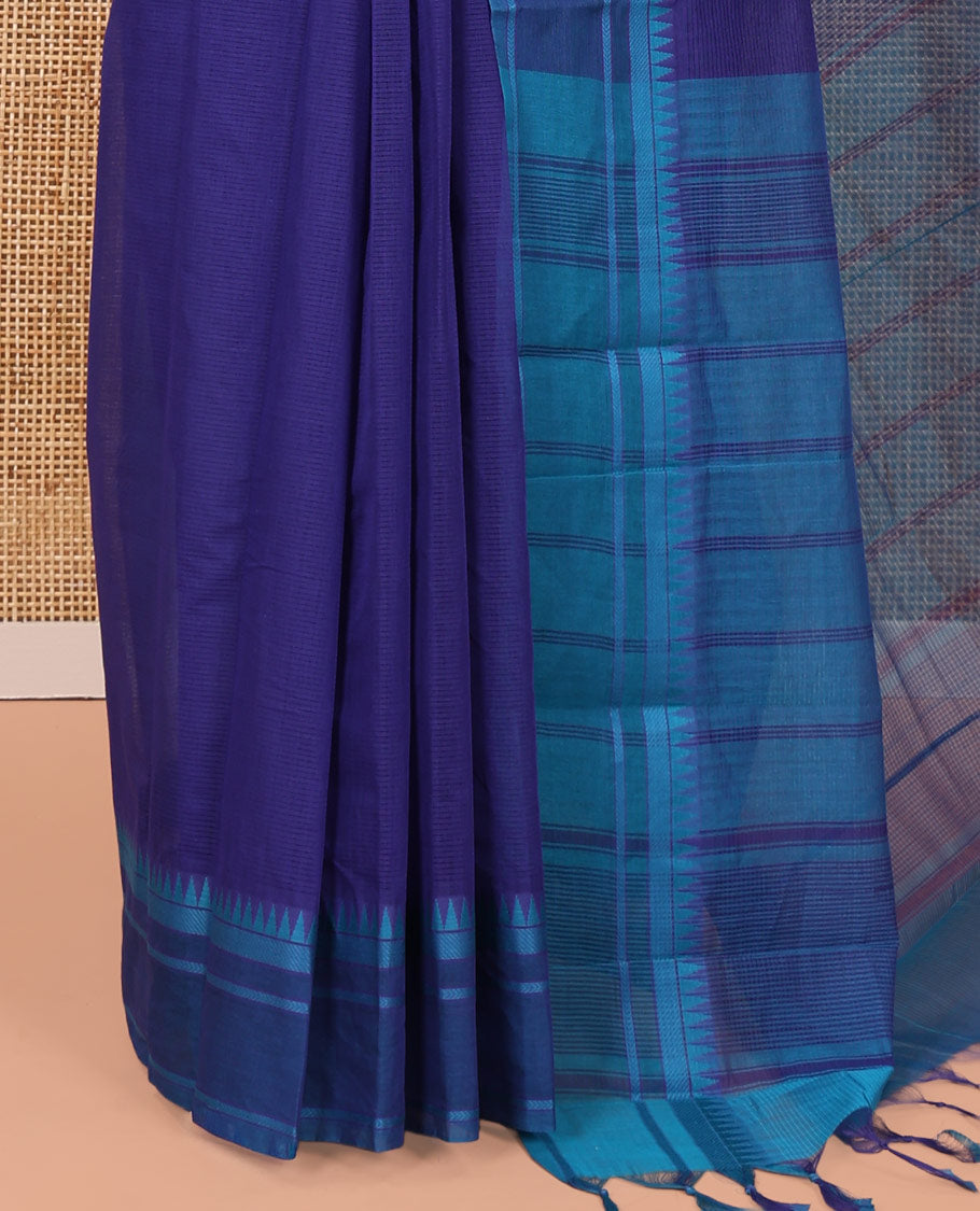 Blue Andhra Cotton Saree, Sparsely Woven with Stripes, a Contrast Temple Thread Border, Striped Pallu, and a Contrast Blouse