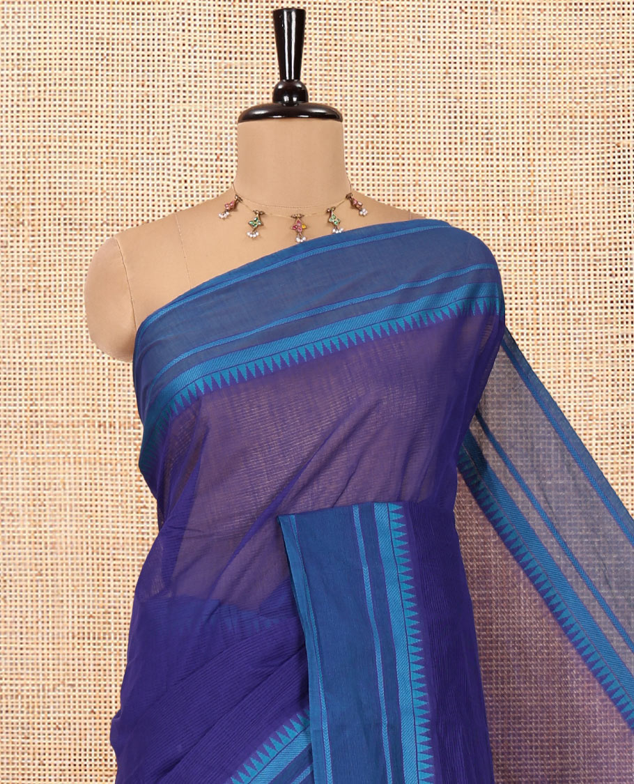 Blue Andhra Cotton Saree, Sparsely Woven with Stripes, a Contrast Temple Thread Border, Striped Pallu, and a Contrast Blouse