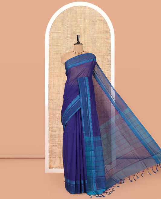 Blue Andhra Cotton Saree, Sparsely Woven with Stripes, a Contrast Temple Thread Border, Striped Pallu, and a Contrast Blouse
