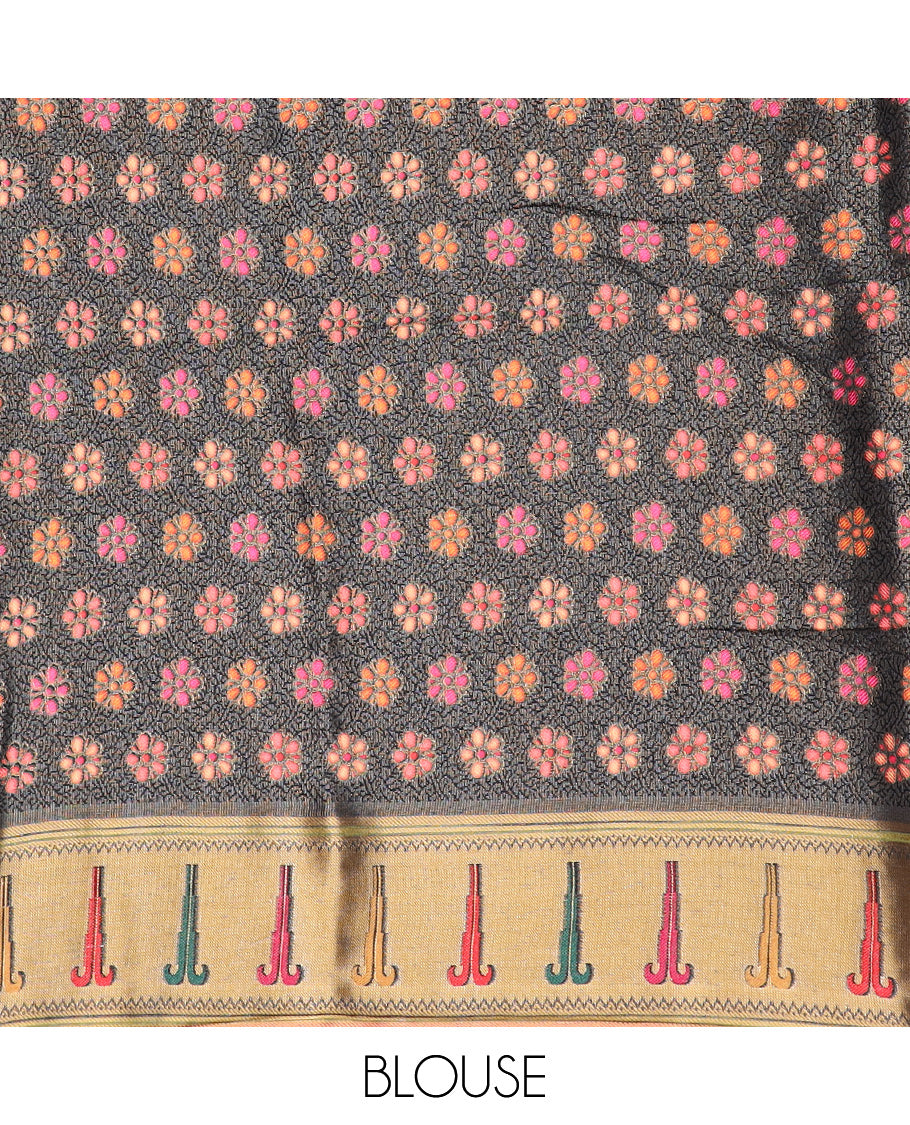 Black grey colorful floral vine printed dola silk saree, muniya border, and tropical floral printed pallu