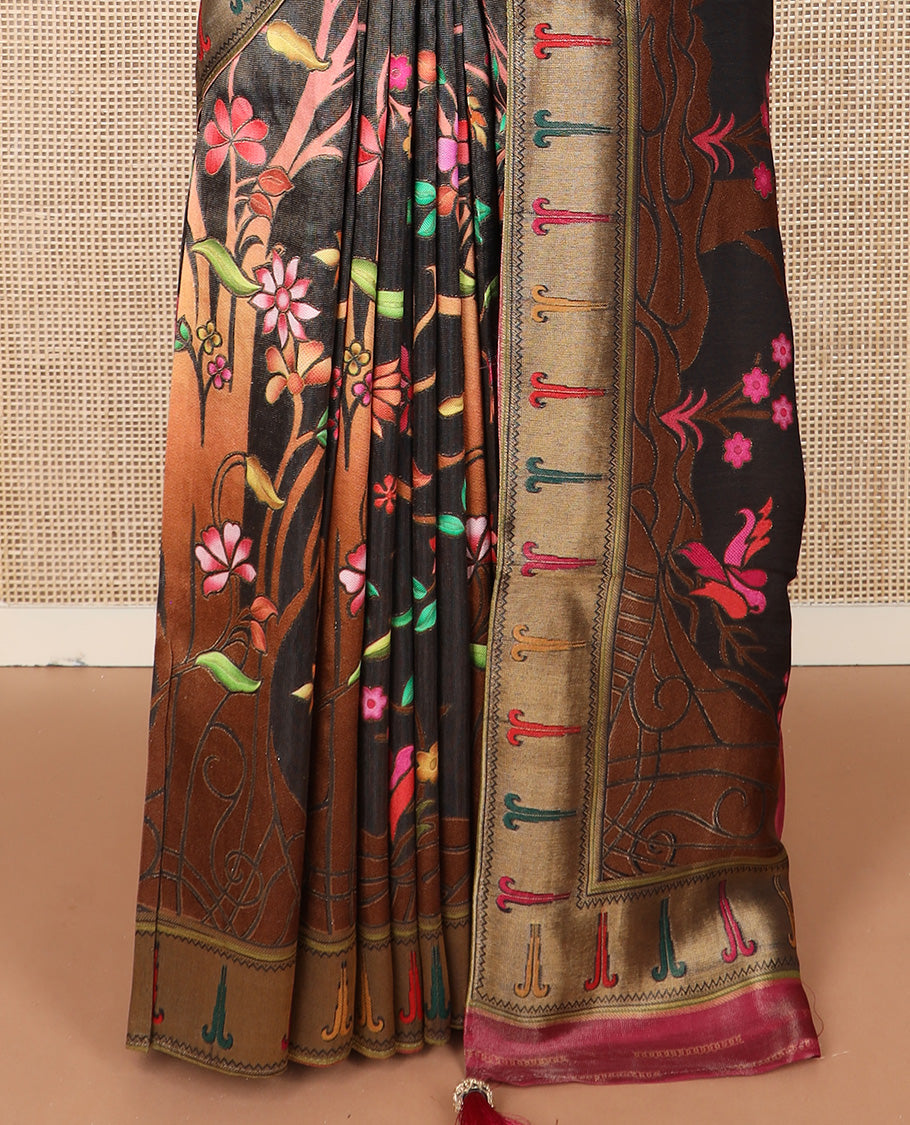 Black grey colorful floral vine printed dola silk saree, muniya border, and tropical floral printed pallu