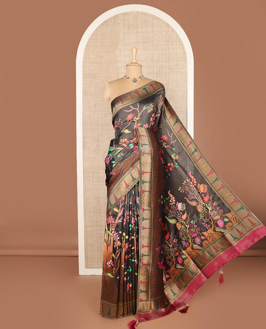 Black grey colorful floral vine printed dola silk saree, muniya border, and tropical floral printed pallu