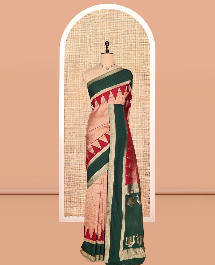 Wine Wrinkle Crepe Saree, Contrast Temple Border, Peacock Pallu, and a Contrast Blouse
