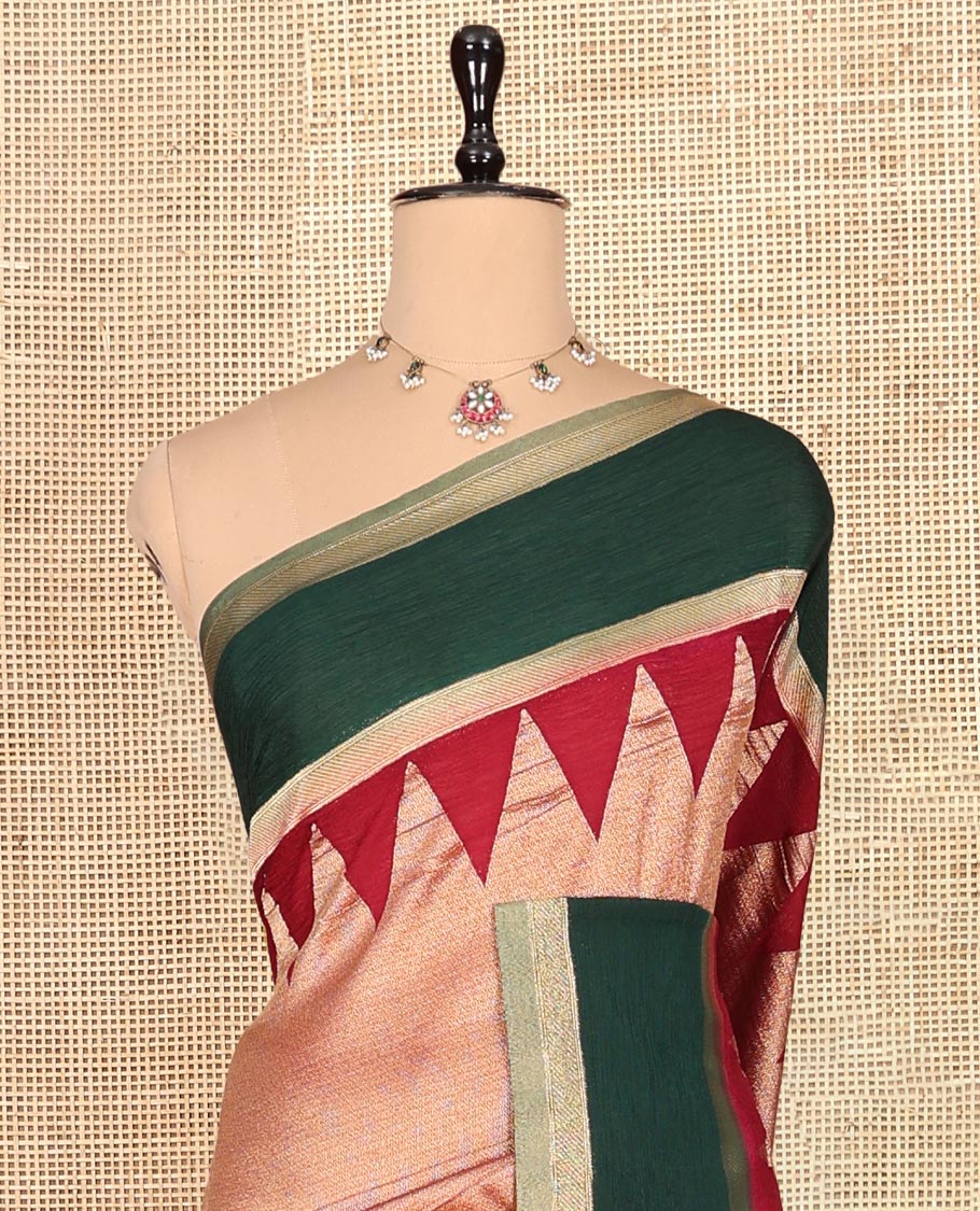 Wine Wrinkle Crepe Saree, Contrast Temple Border, Peacock Pallu, and a Contrast Blouse