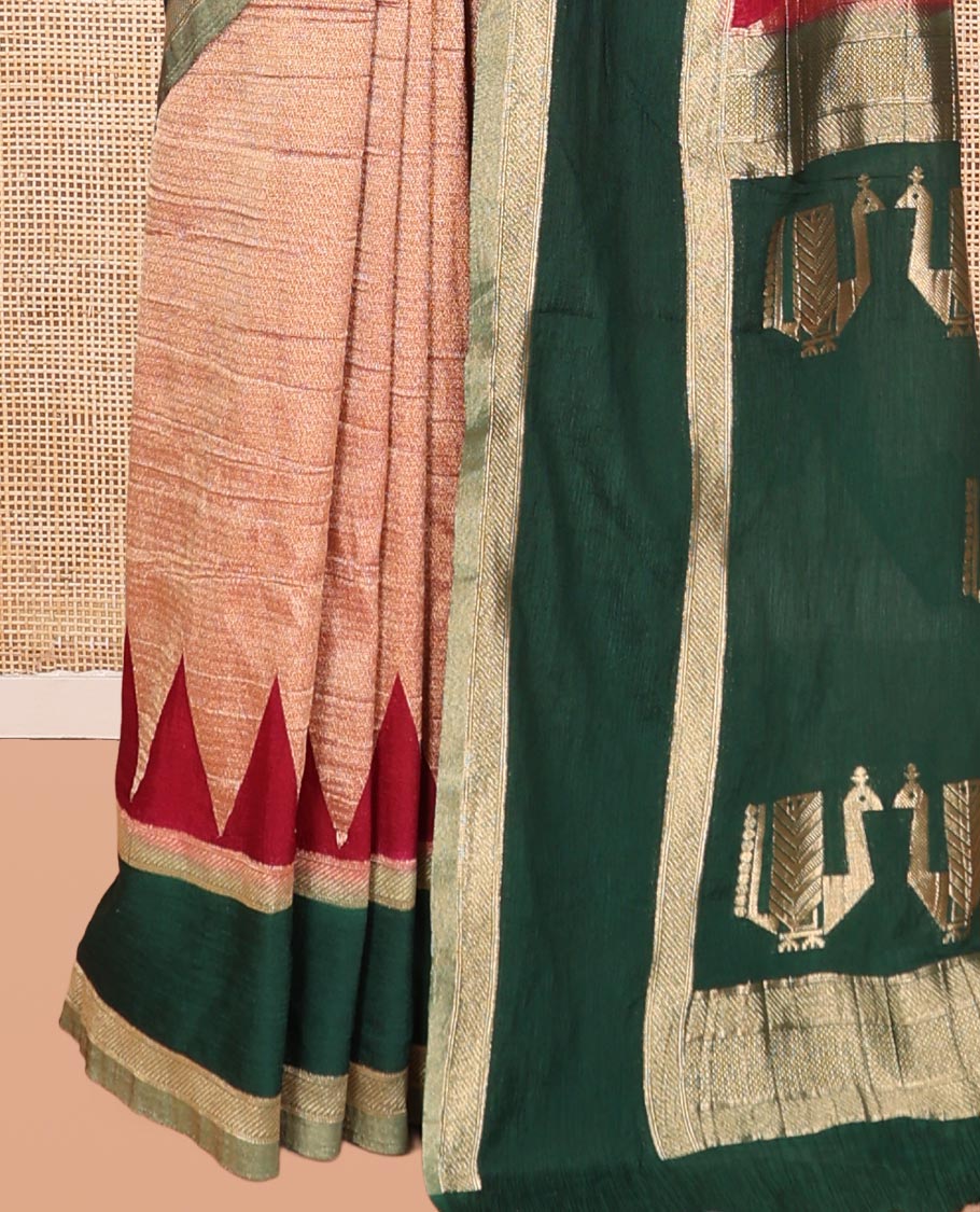 Wine Wrinkle Crepe Saree, Contrast Temple Border, Peacock Pallu, and a Contrast Blouse