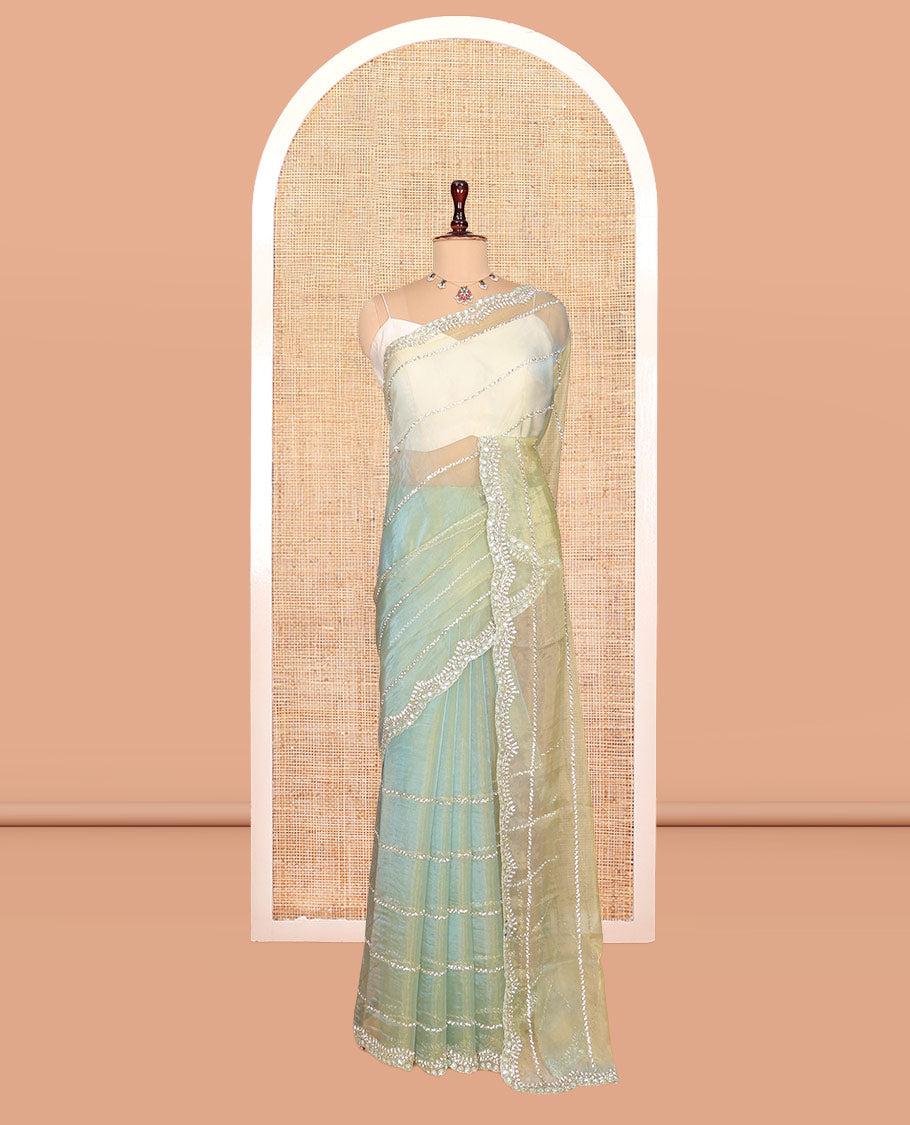 Pista Green Stone-Kardana Work Organza Designer Saree with a Scallop Embroidery Border, Matching Blouse