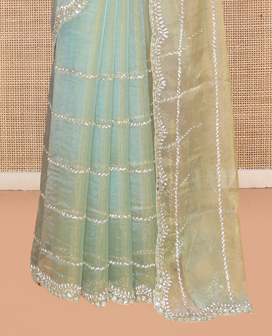 Pista Green Stone-Kardana Work Organza Designer Saree with a Scallop Embroidery Border, Matching Blouse