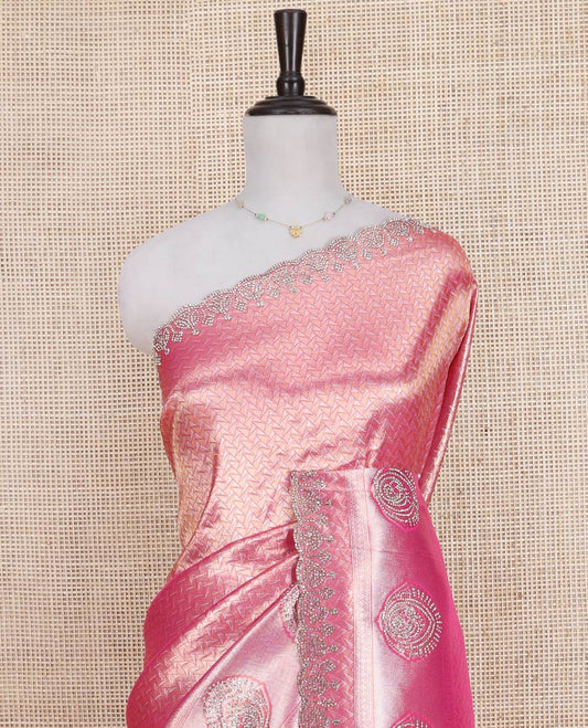 Pink Designer Saree, Mesmerized with Geometric Jacquard on Its Body, Highlighted by a Scallop Stone Embroidered Border, Majestically Detailed Pallu, and Paired with a Matching Blouse