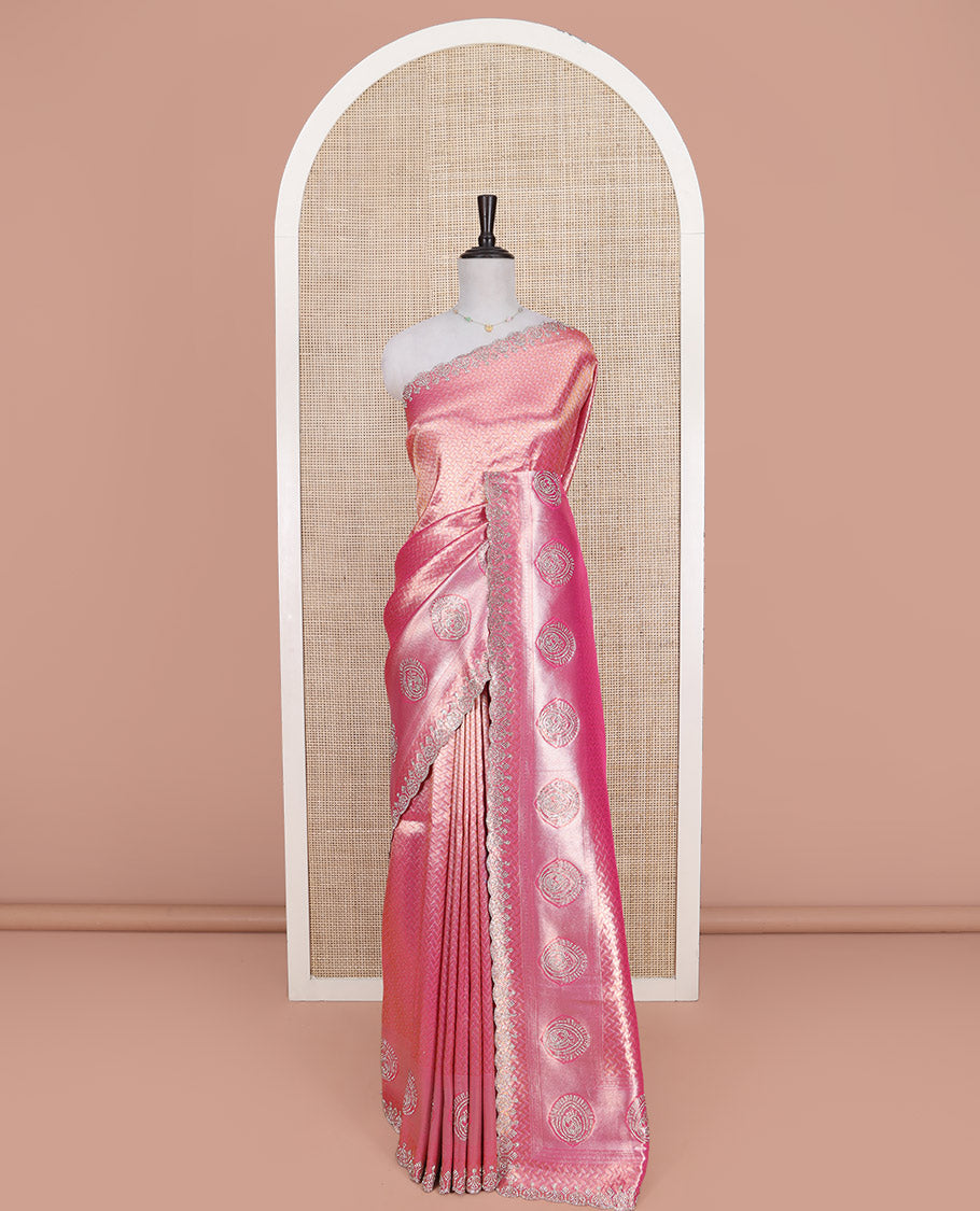 Pink Designer Saree, Mesmerized with Geometric Jacquard on Its Body, Highlighted by a Scallop Stone Embroidered Border, Majestically Detailed Pallu, and Paired with a Matching Blouse