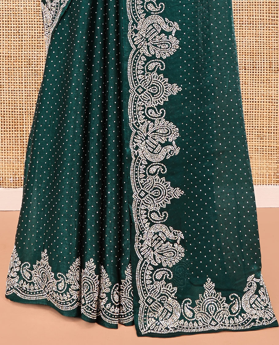 Green Designer Saree, Entralled with Stone Struck All Over Its Body, Highlighted by Peacock Stone Work Border, and Paired with a Matching Blouse