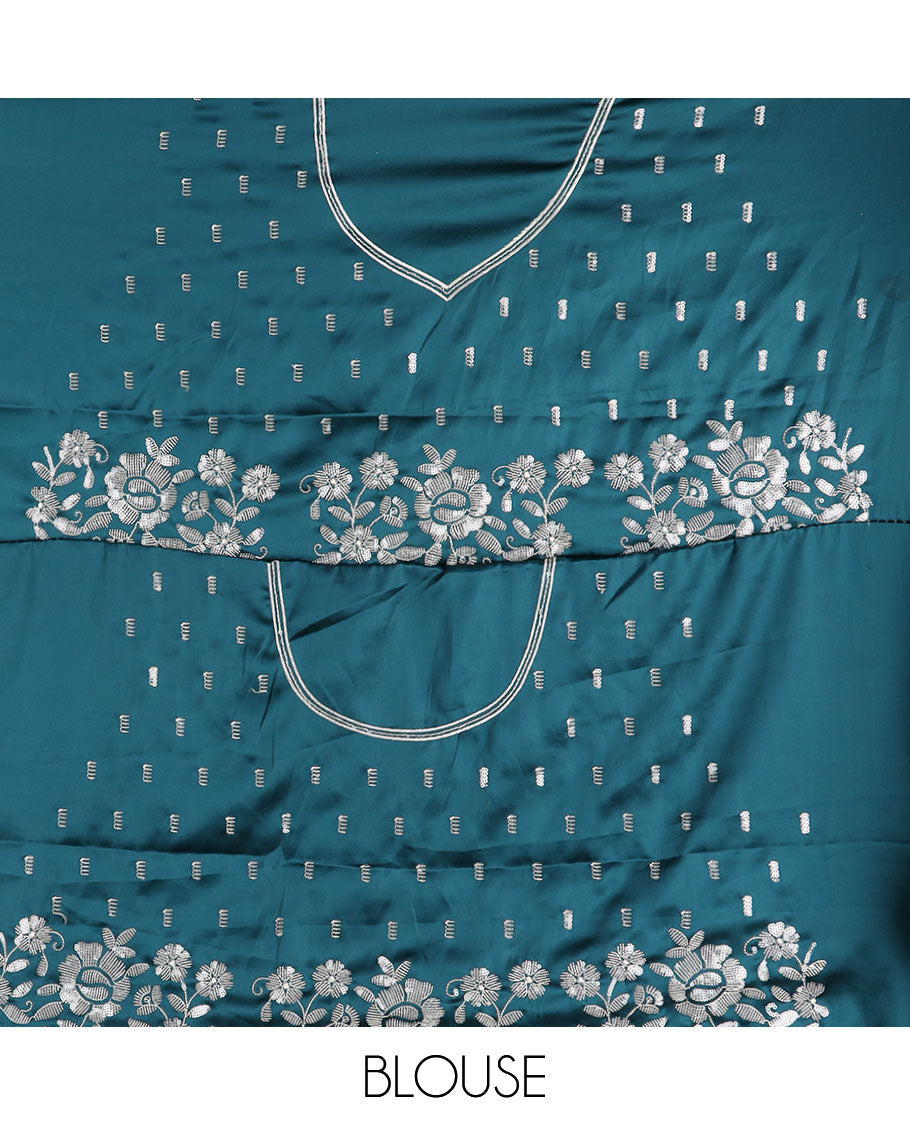 Blue zig-zag striped designer saree, floral motifs embroidered scallop border