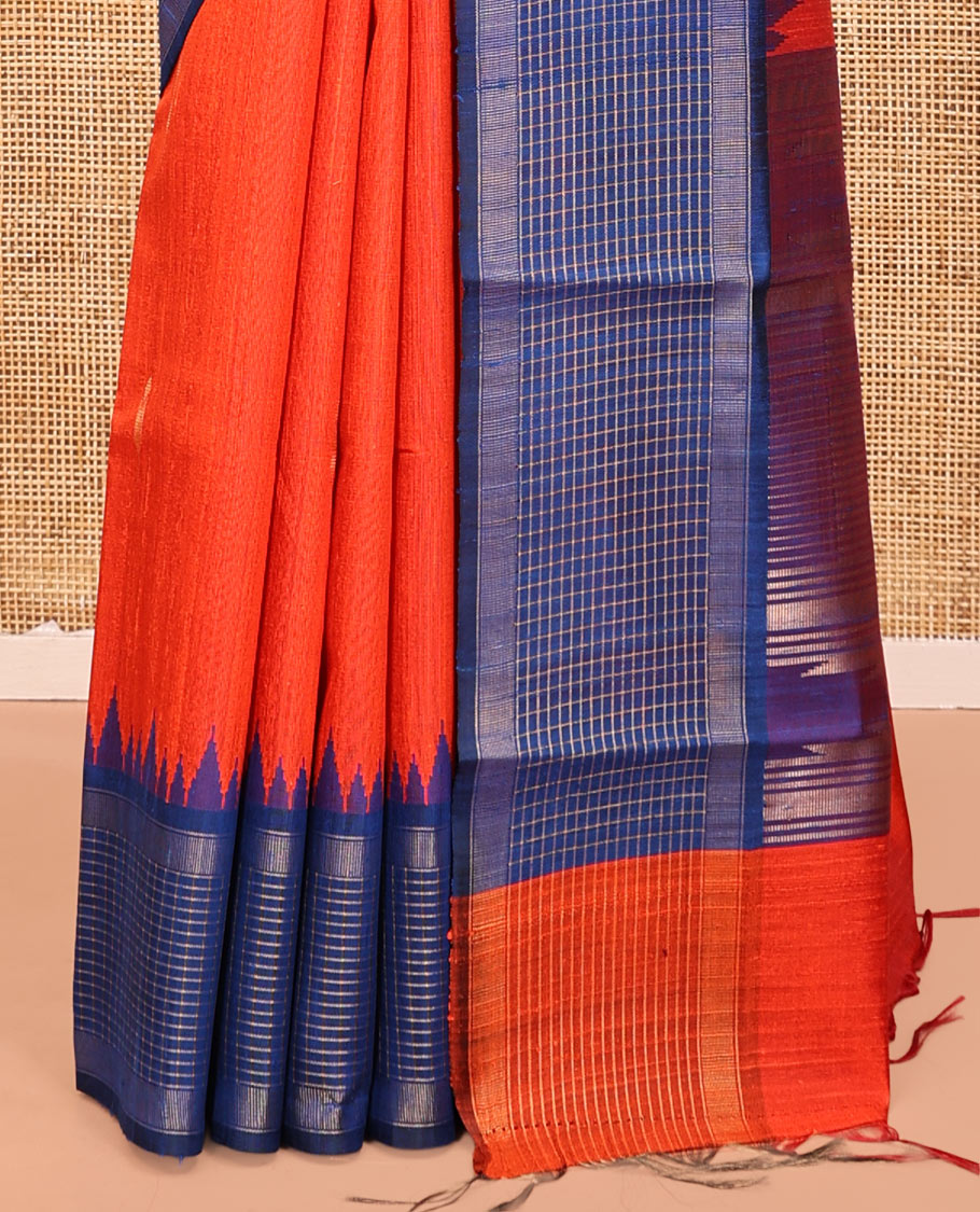 Orange Dupion Silk Saree, Accentuated with Buttas, Complemented by Contrast Temple-Checked Border, Temple Pallu, and a Contrast Blouse