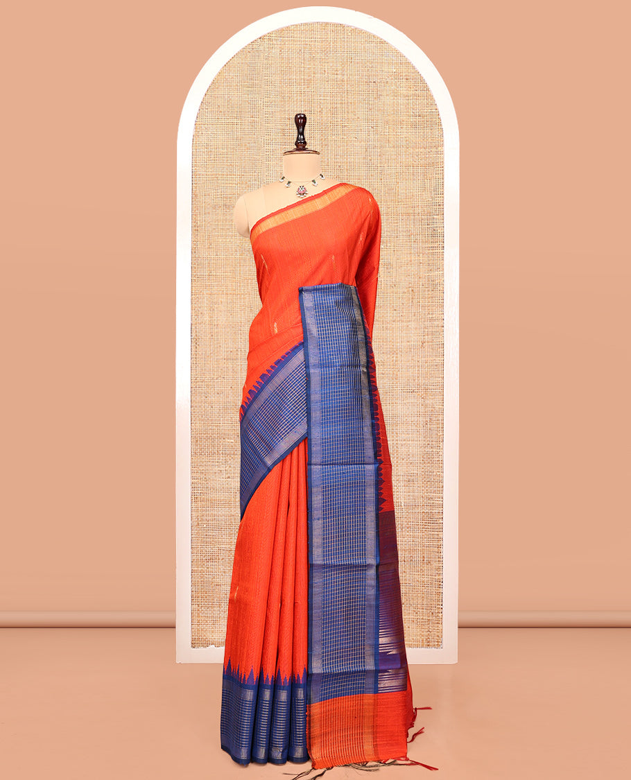 Orange Dupion Silk Saree, Accentuated with Buttas, Complemented by Contrast Temple-Checked Border, Temple Pallu, and a Contrast Blouse