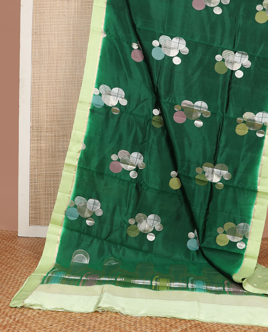 Dark green geometric design raw mango silk saree with contrast border