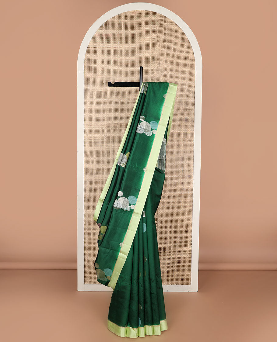 Dark green geometric design raw mango silk saree with contrast border