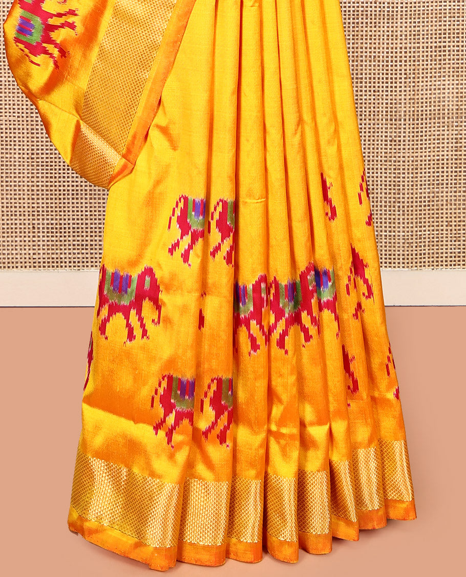 Yellow Pochampally Ikat Saree, Adorned with Elephant Buttas, a Zari Border, Contrast Elephant Motif Pallu, and a Contrast Blouse
