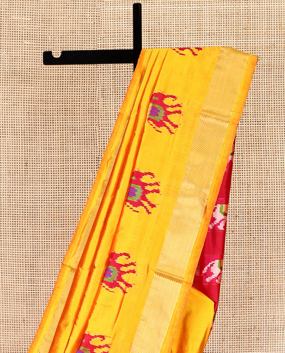 Yellow Pochampally Ikat Saree, Adorned with Elephant Buttas, a Zari Border, Contrast Elephant Motif Pallu, and a Contrast Blouse