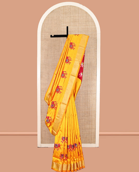 Yellow Pochampally Ikat Saree, Adorned with Elephant Buttas, a Zari Border, Contrast Elephant Motif Pallu, and a Contrast Blouse