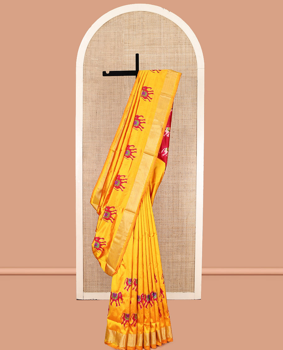 Yellow Pochampally Ikat Saree, Adorned with Elephant Buttas, a Zari Border, Contrast Elephant Motif Pallu, and a Contrast Blouse