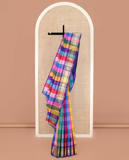 Multi-Color Kanchipuram Silk Saree, Richly Woven with Palum Pazhamum-Style Checked Design on Its Body, Highlighted by a One-Sided Zari Border of Rekku, Banaras, Poun, and Vanki Designs, Pallu Features Zari Designs, and Comes Without a Blouse