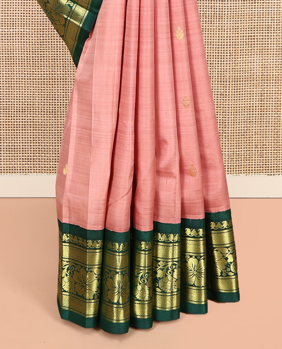 Pink Kanchipuram Silk Saree, Finely Crafted with Zari Buttas, Contrast One-Sided Korvai Border of Manga, Jaal, and Kodi Visiry Designs, Kodi Visiry Pallu, and No Blouse