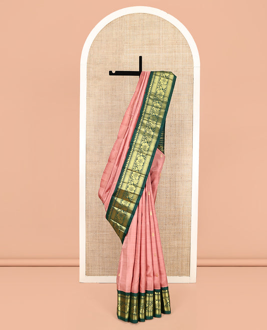 Pink Kanchipuram Silk Saree, Finely Crafted with Zari Buttas, Contrast One-Sided Korvai Border of Manga, Jaal, and Kodi Visiry Designs, Kodi Visiry Pallu, and No Blouse