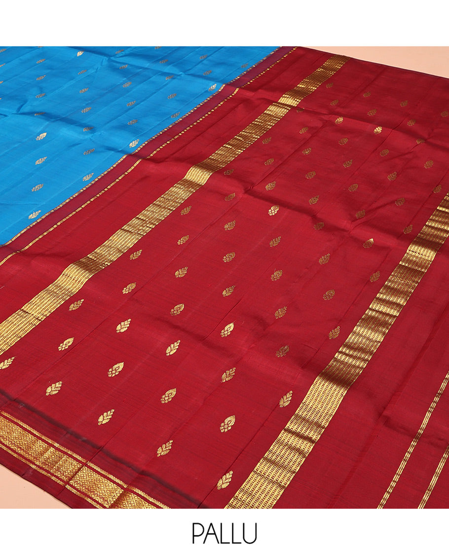 Blue Kanchipuram Silk Saree, Detailed with Zari Buttas, Complemented by a Contrast One-Sided Korvai Border of Banaras and Jaal Designs, Grand Pallu, and No Blouse