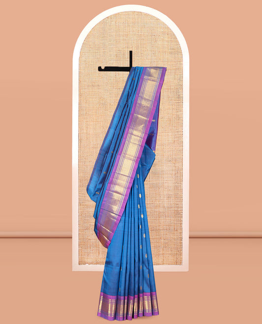 Blue Kanchipuram Silk Saree, Woven with Zari Buttas, a Contrast One-Sided Border of Panner Sombu, Banaras, Muthu, and Jaal Designs, Zari Design Pallu, and a No Blouse