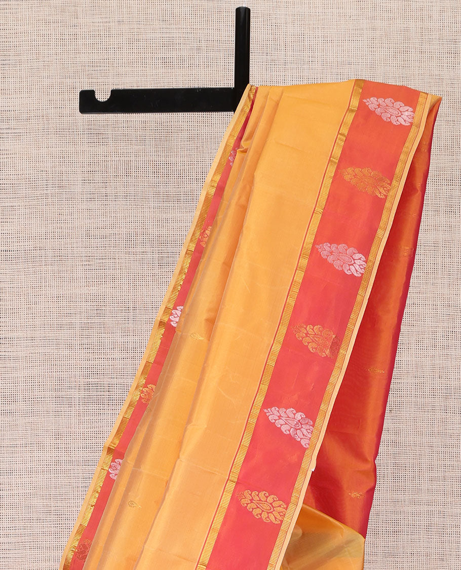 Yellow Kanchipuram Silk Saree, Woven with Zari Buttas, Complemented by Contrast Zari Motif Border, Pallu of Zari Design, and a Contrast Blouse